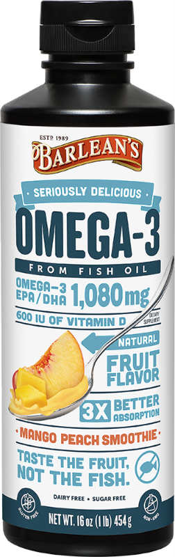 BARLEANS ESSENTIAL OILS: Fish Omega Swirl Mango Peach 16 fl.oz