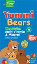 YUMMI BEARS (HERO NUTRITIONAL PRODUCTS): Yummi Bears Vegetarian Multi-Vitamin & Mineral Supplements 90 sour gummy bears