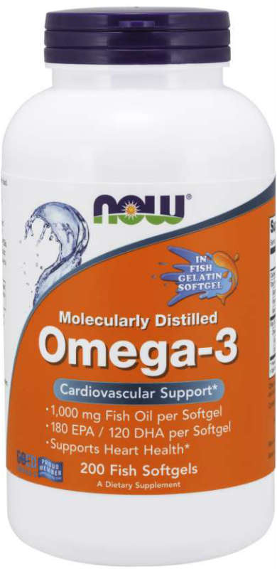 NOW: Omega-3 Fish Oil in Fish Gelatin Molecularly Distilled 200 Softgels
