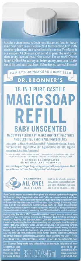 DR. BRONNER'S MAGIC SOAPS: Pure Castile Soap Refill Carton Baby Unscented 32 OUNCE