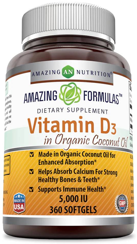 AMAZING NUTRITION: Amazing Formulas Vitamin D3 with Organic Coconut Oil 5000IU 360 SOFTGEL