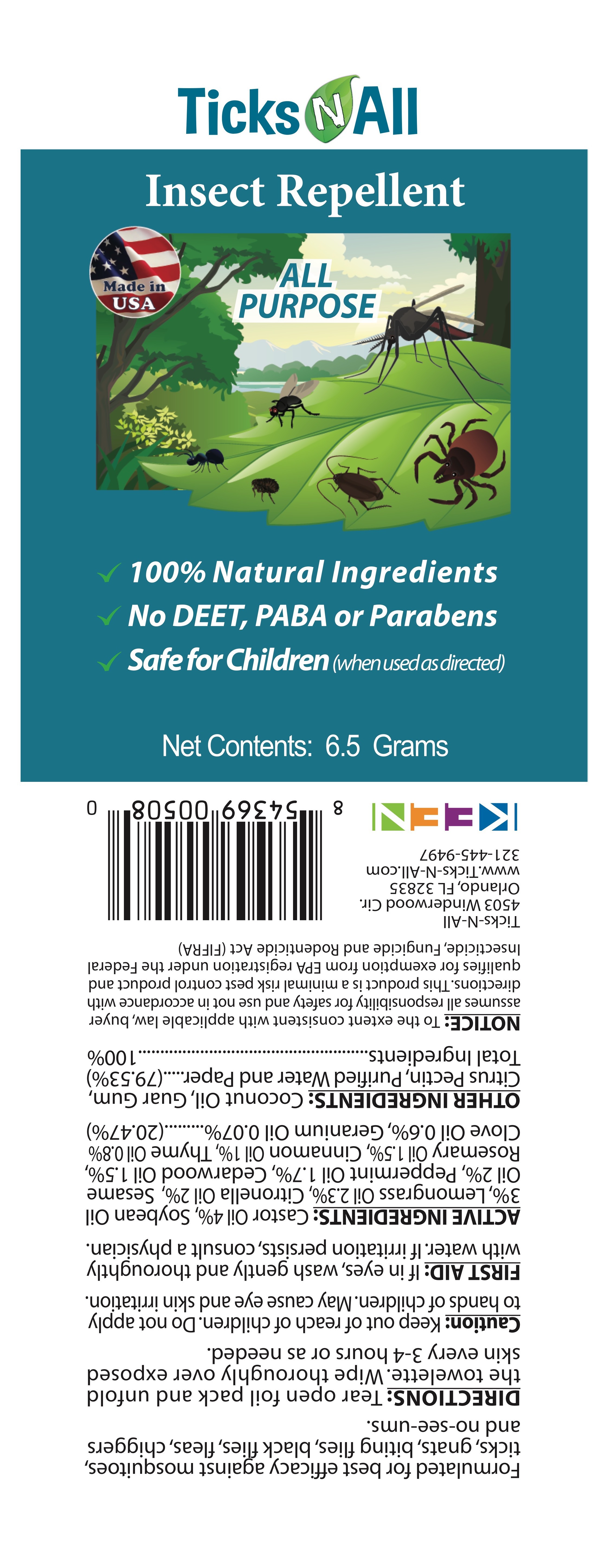 TICKS-N-ALL: Insect Repellent All Purpose Wipes 50 ct